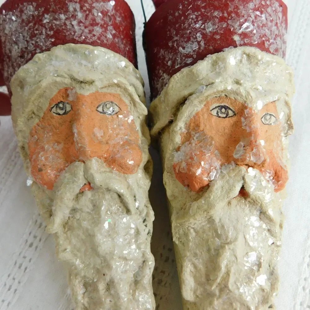 Christmas Ornaments Santa Plaster Handmade Sugared Lot of 2, Red Cones Vintage
